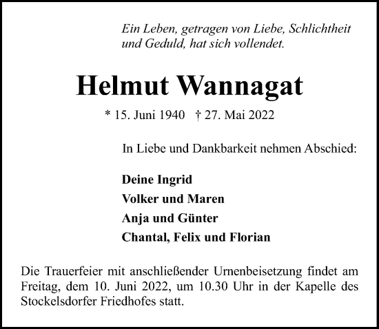 Traueranzeige von Helmut Wannagat von Lübecker Nachrichten