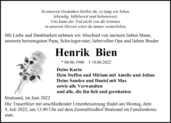Traueranzeige von Henrik Bien von Ostsee-Zeitung GmbH