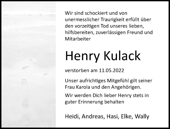 Traueranzeige von Henry Kulack von Ostsee-Zeitung GmbH