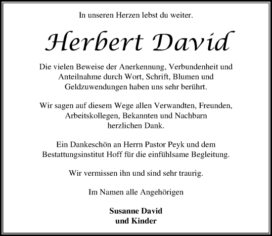 Traueranzeige von Herbert David von Peiner Allgemeine Zeitung