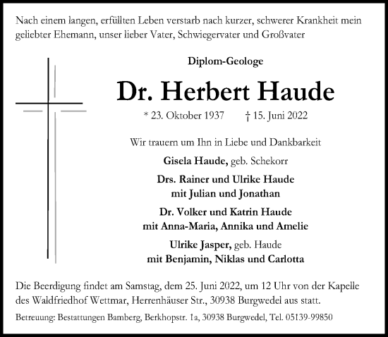 Traueranzeige von Herbert Haude von Hannoversche Allgemeine Zeitung/Neue Presse