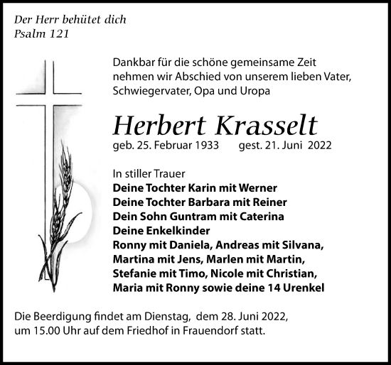Traueranzeige von Herbert Krasselt von Leipziger Volkszeitung