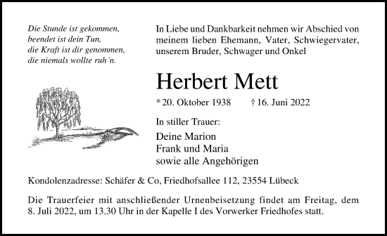 Traueranzeige von Herbert Mett von Lübecker Nachrichten
