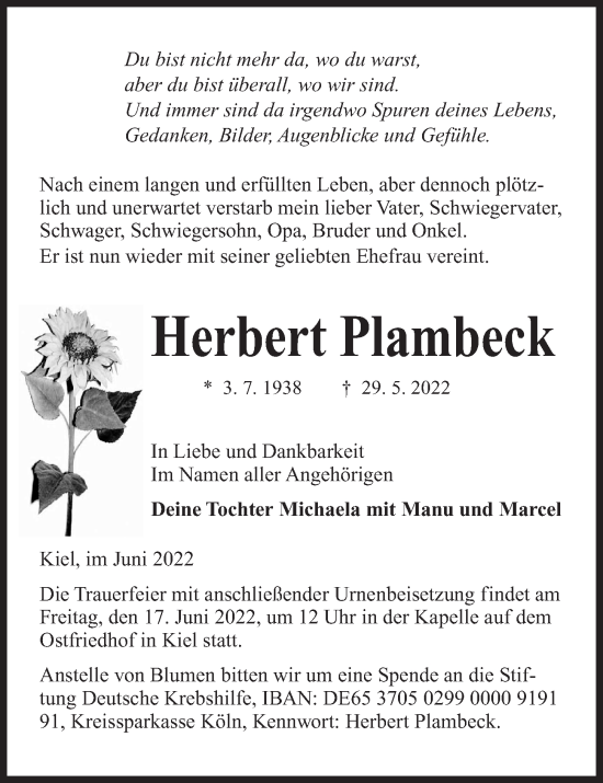 Traueranzeige von Herbert Plambeck von Kieler Nachrichten