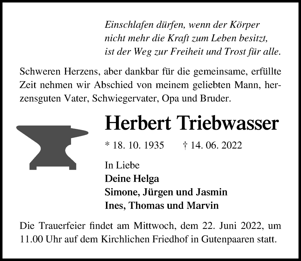  Traueranzeige für Herbert Triebwasser vom 18.06.2022 aus Märkischen Allgemeine Zeitung