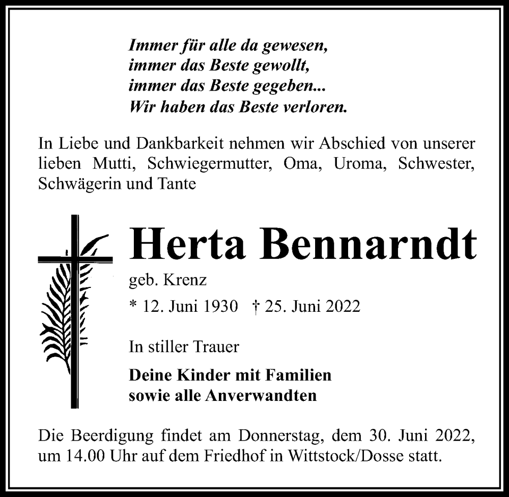  Traueranzeige für Herta Bennarndt vom 28.06.2022 aus Märkischen Allgemeine Zeitung