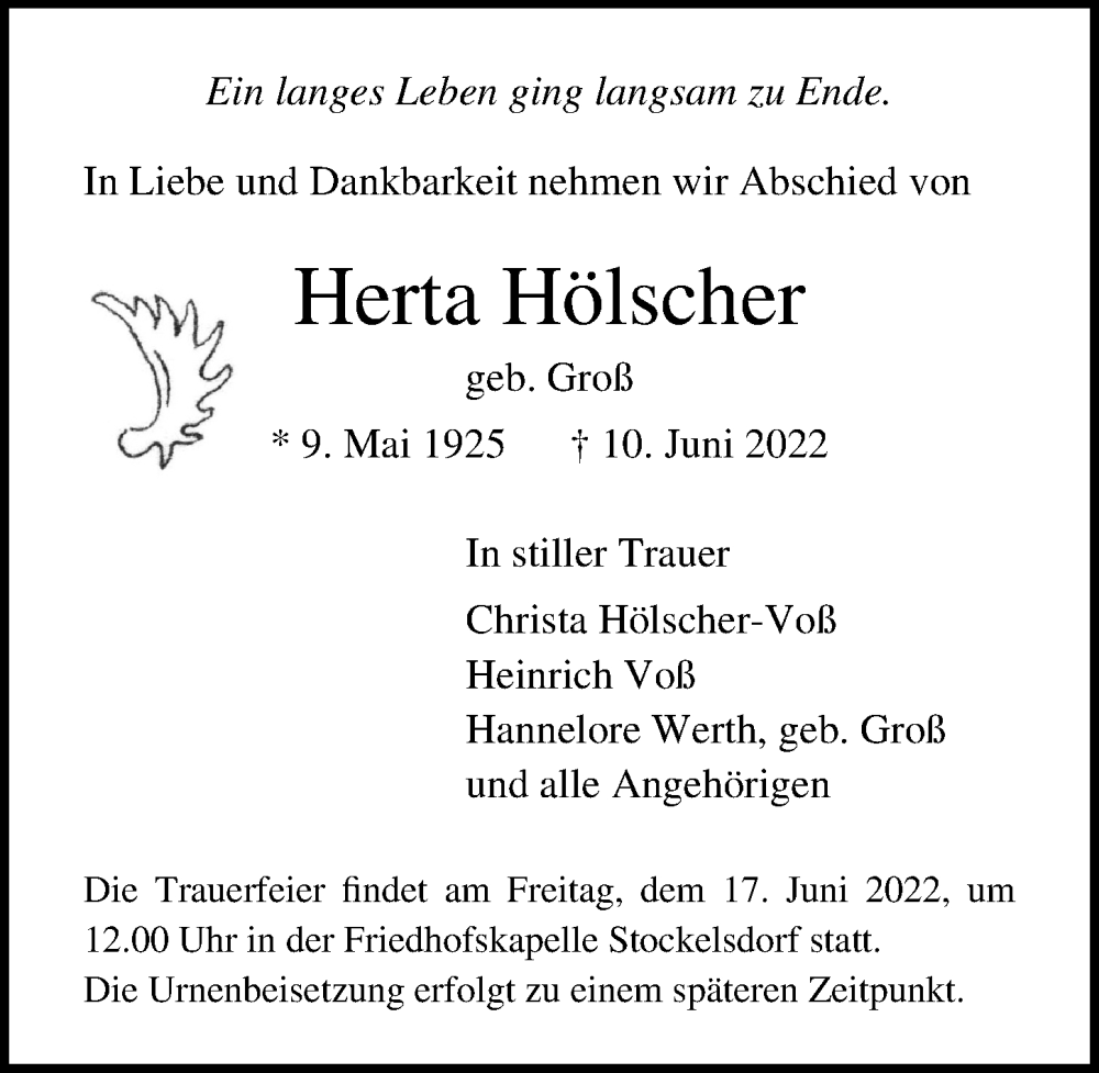  Traueranzeige für Herta Hölscher vom 15.06.2022 aus Lübecker Nachrichten