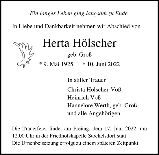 Traueranzeige von Herta Hölscher von Lübecker Nachrichten