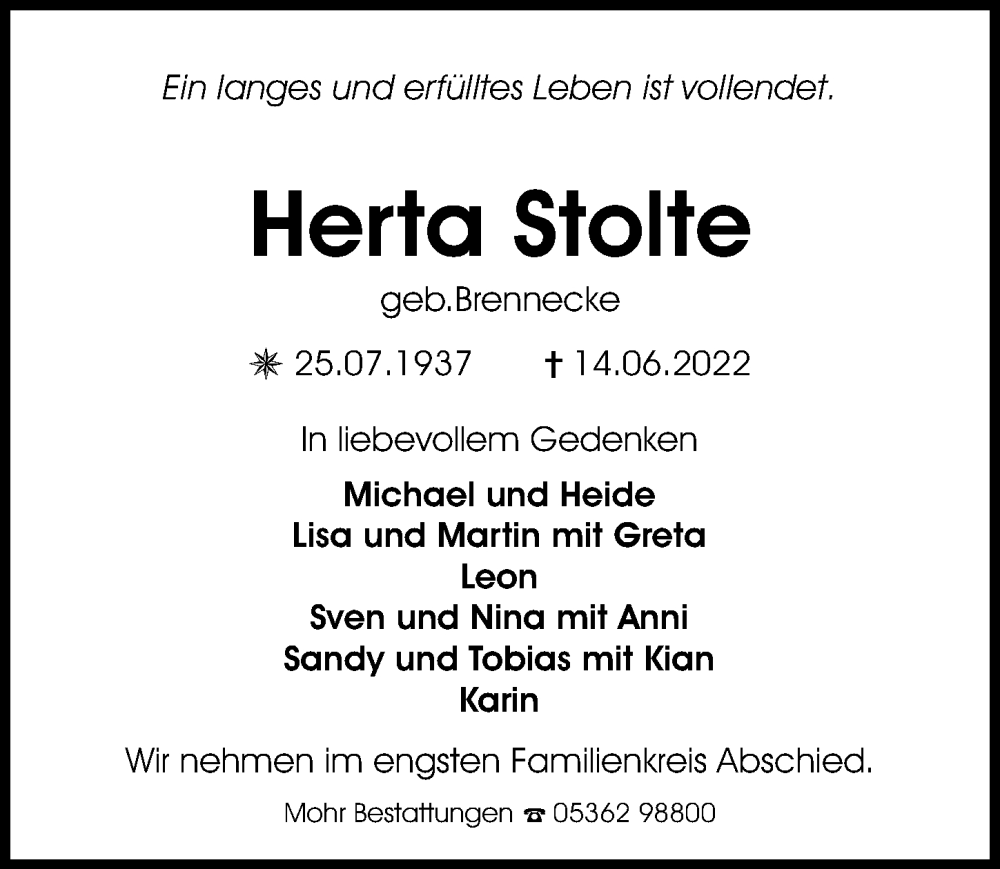  Traueranzeige für Herta Stolte vom 18.06.2022 aus Aller Zeitung