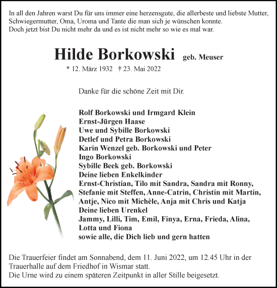 Traueranzeige von Hilde Borkowski von Ostsee-Zeitung GmbH
