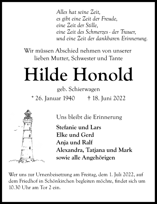 Traueranzeige von Hilde Honold von Kieler Nachrichten