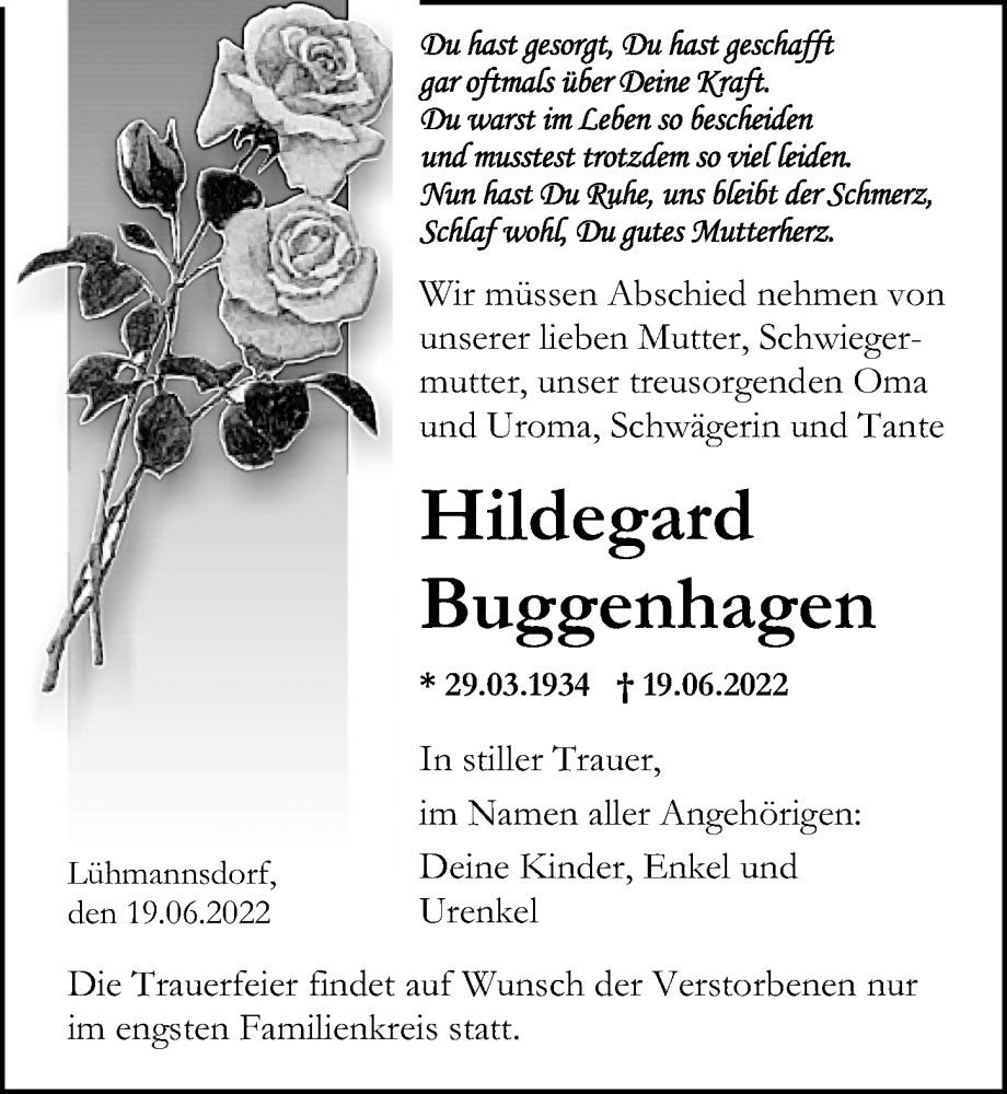  Traueranzeige für Hildegard Buggenhagen vom 25.06.2022 aus Ostsee-Zeitung GmbH