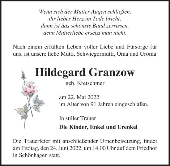 Traueranzeige von Hildegard Granzow von Märkischen Allgemeine Zeitung