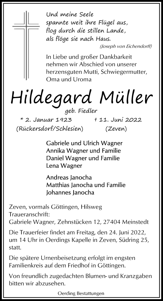  Traueranzeige für Hildegard Müller vom 18.06.2022 aus Göttinger Tageblatt