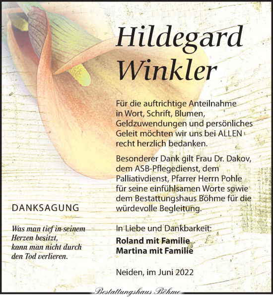 Traueranzeige von Hildegard Winkler von Torgauer Zeitung