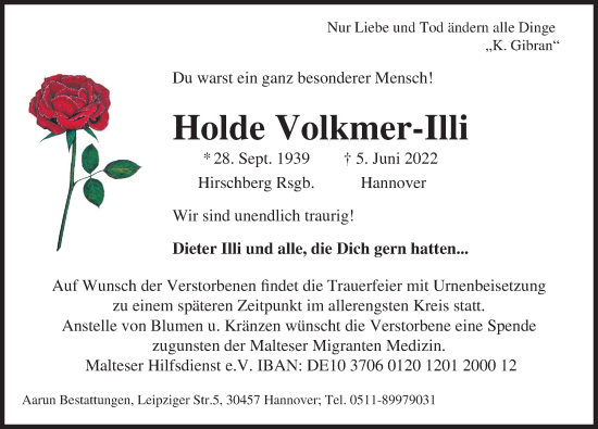 Traueranzeige von Holde Volkmer-Illi von Hannoversche Allgemeine Zeitung/Neue Presse