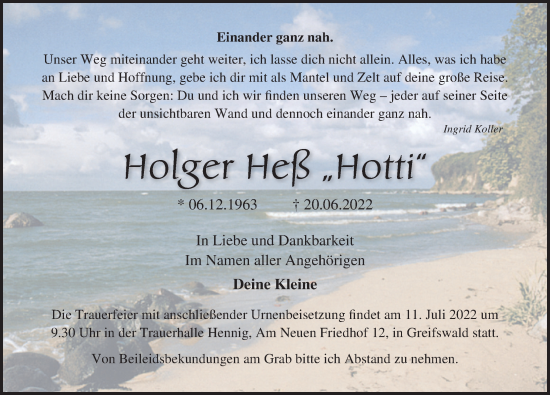 Traueranzeige von Holger Heß von Ostsee-Zeitung GmbH