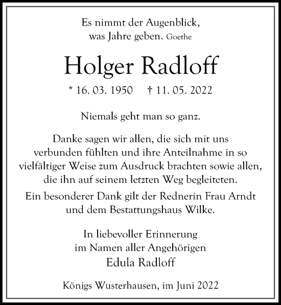 Traueranzeige von Holger Radloff von Märkischen Allgemeine Zeitung