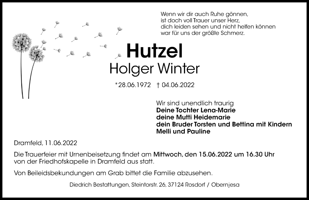  Traueranzeige für Holger Winter vom 11.06.2022 aus Göttinger Tageblatt