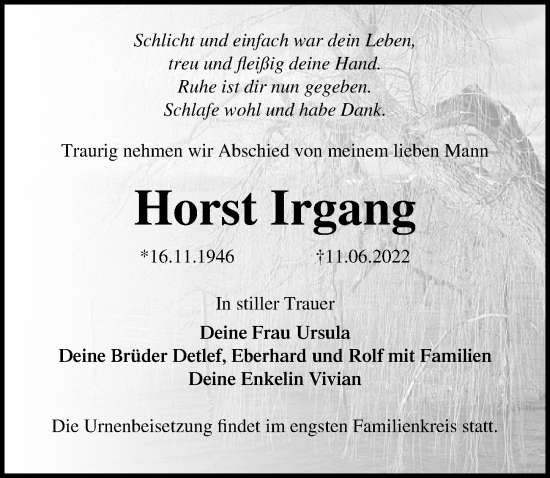 Traueranzeige von Horst Irgang von Ostsee-Zeitung GmbH