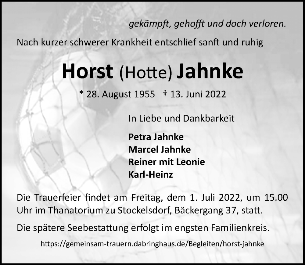  Traueranzeige für Horst Jahnke vom 19.06.2022 aus Lübecker Nachrichten