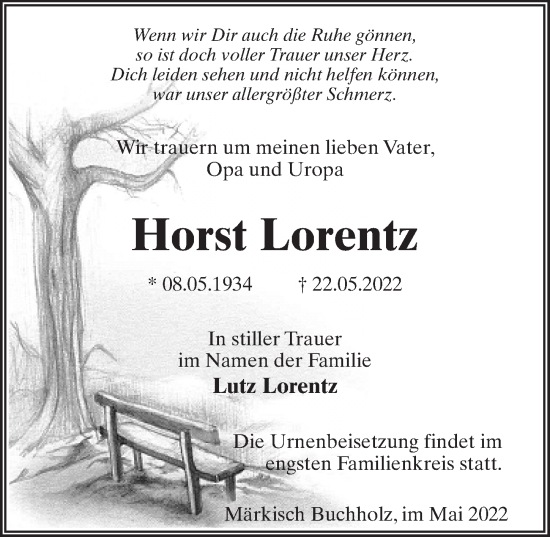 Traueranzeige von Horst Lorentz von Märkischen Allgemeine Zeitung