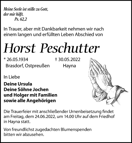 Traueranzeige von Horst Peschutter von Leipziger Volkszeitung