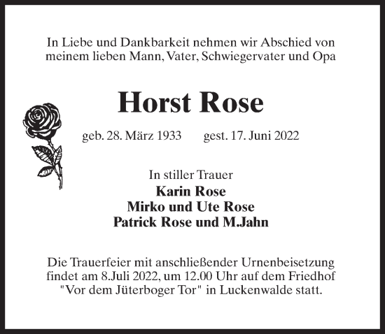 Traueranzeige von Horst Rose von Märkischen Allgemeine Zeitung