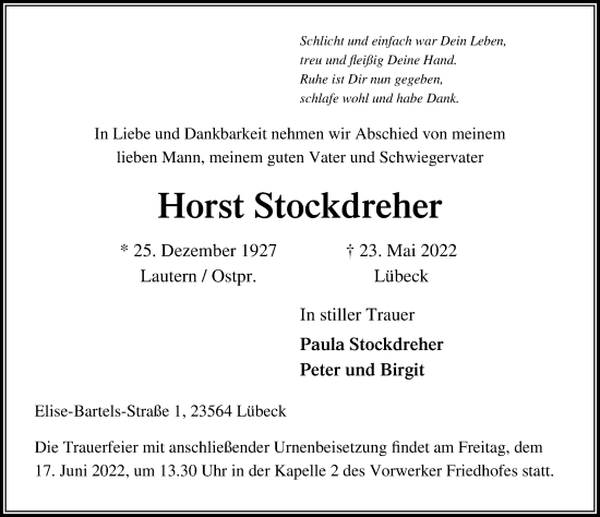 Traueranzeige von Horst Stockdreher von Lübecker Nachrichten