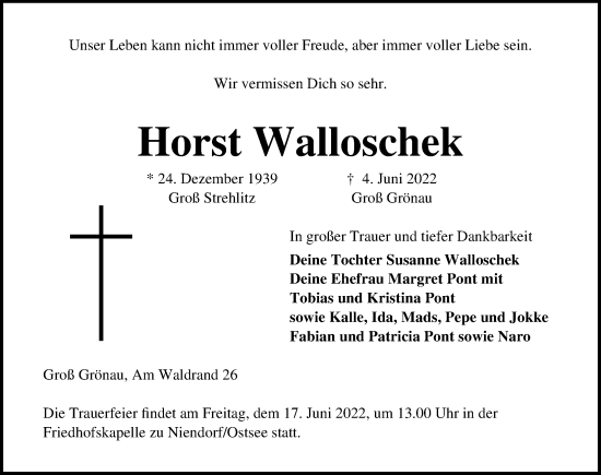 Traueranzeige von Horst Walloschek von Lübecker Nachrichten