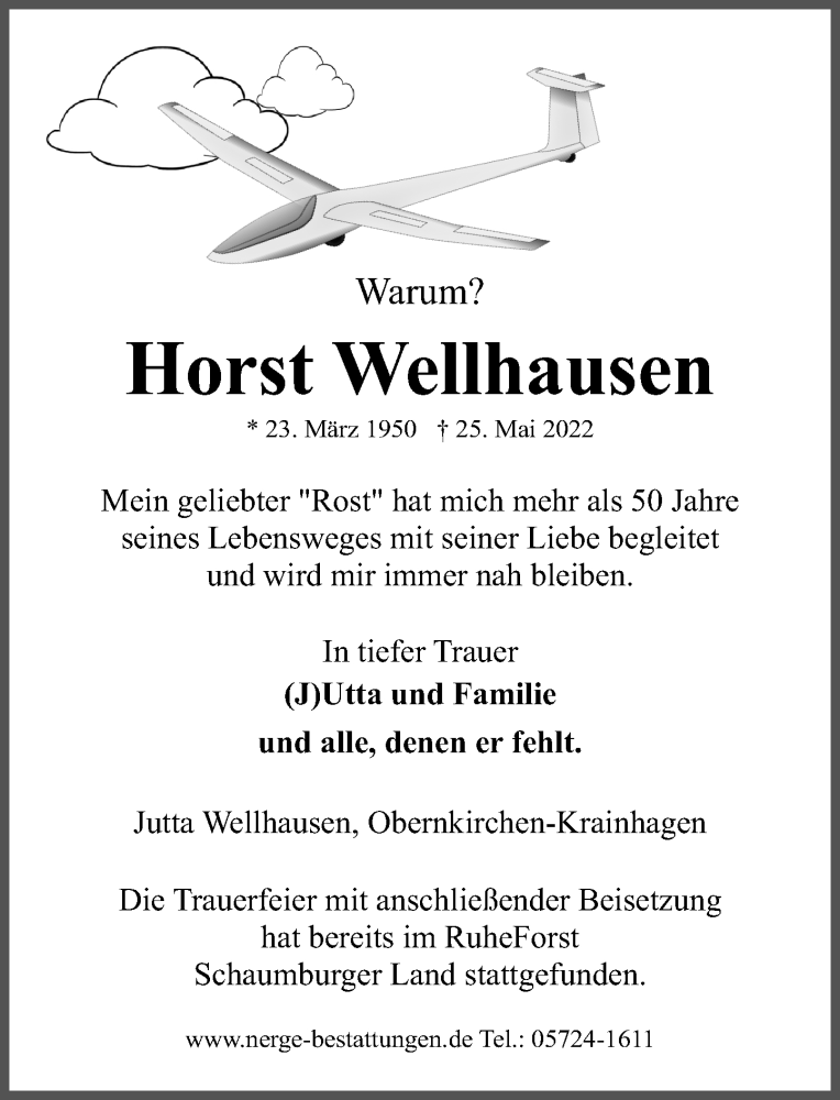  Traueranzeige für Horst Wellhausen vom 11.06.2022 aus Schaumburger Nachrichten