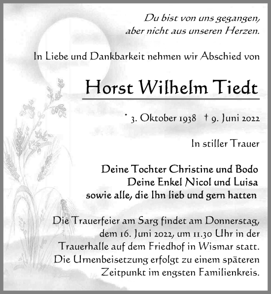 Traueranzeige von Horst Wilhelm Tiedt von Ostsee-Zeitung GmbH