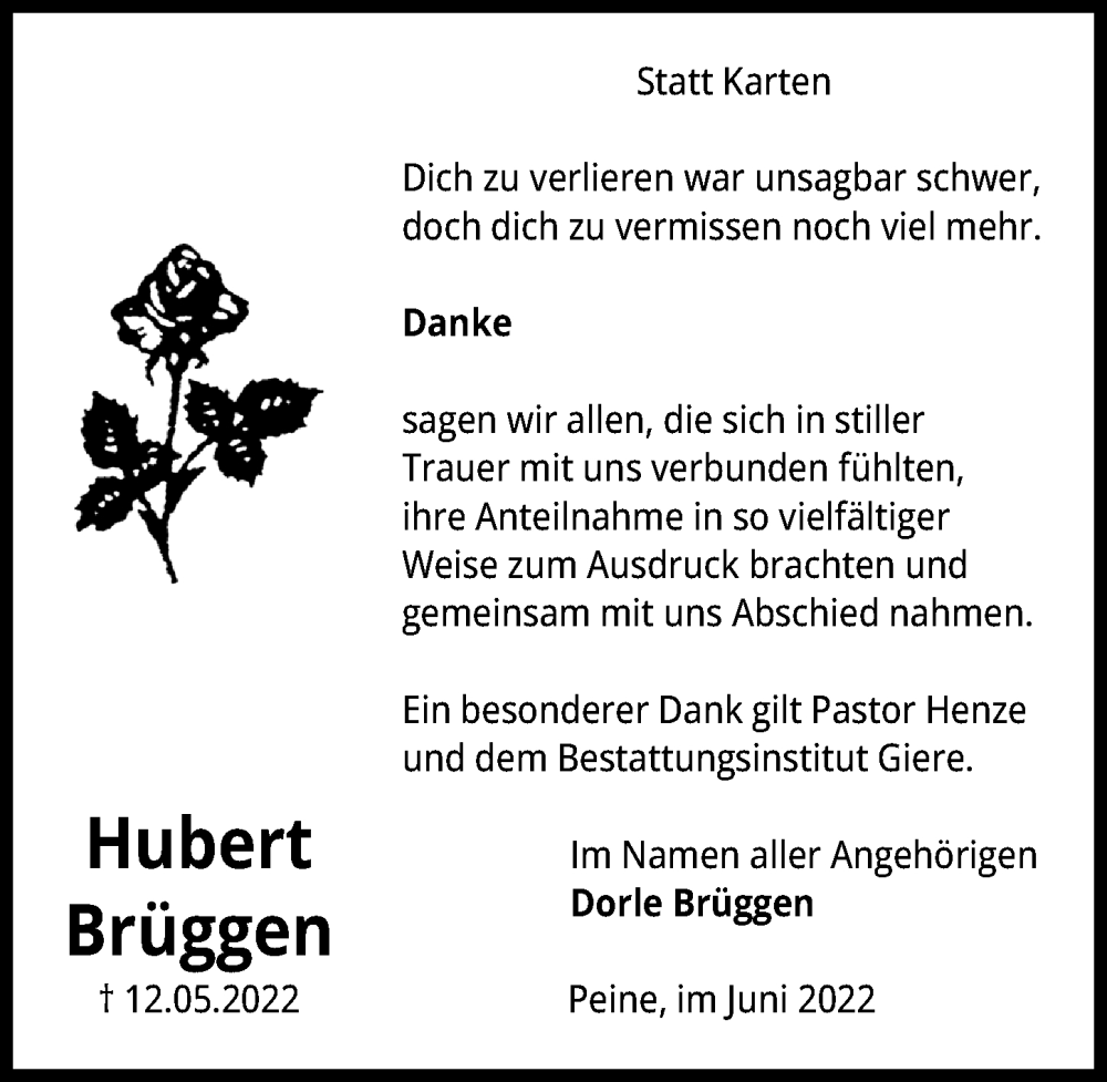  Traueranzeige für Hubert Brüggen vom 25.06.2022 aus Peiner Allgemeine Zeitung