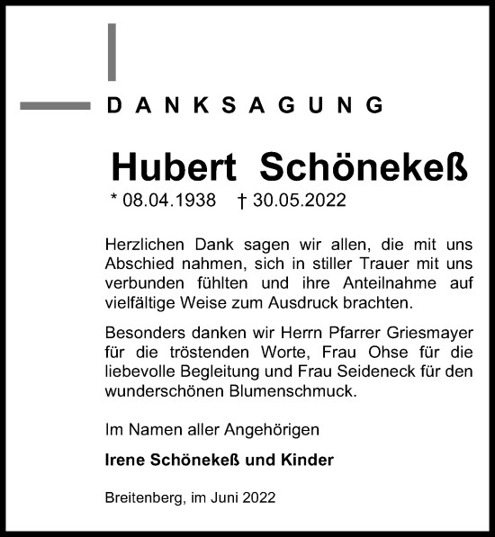 Traueranzeige von Hubert Schönekeß von Eichsfelder Tageblatt