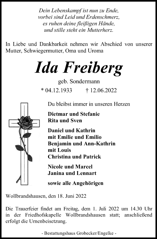  Traueranzeige für Ida Freiberg vom 18.06.2022 aus Eichsfelder Tageblatt
