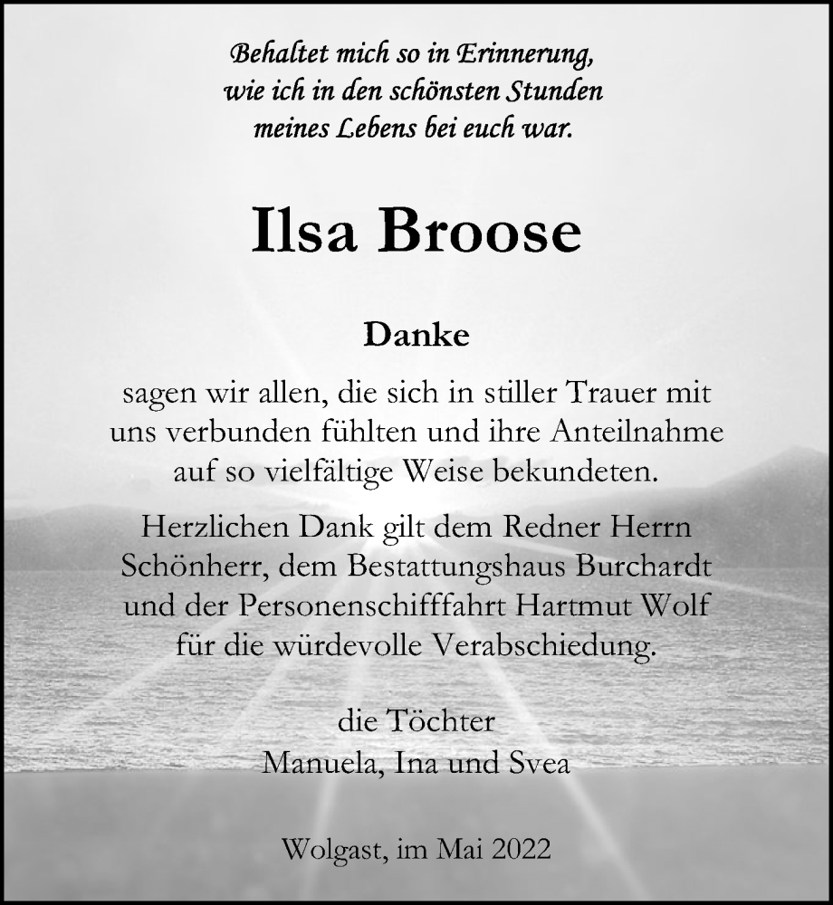  Traueranzeige für Ilsa Broose vom 11.06.2022 aus Ostsee-Zeitung GmbH