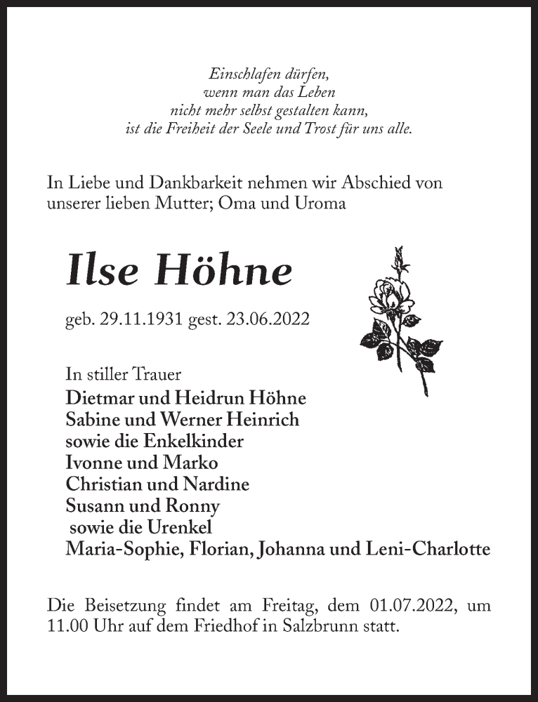  Traueranzeige für Ilse Höhne vom 29.06.2022 aus Märkischen Allgemeine Zeitung