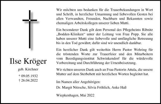Traueranzeige von Ilse Kröger von Ostsee-Zeitung GmbH