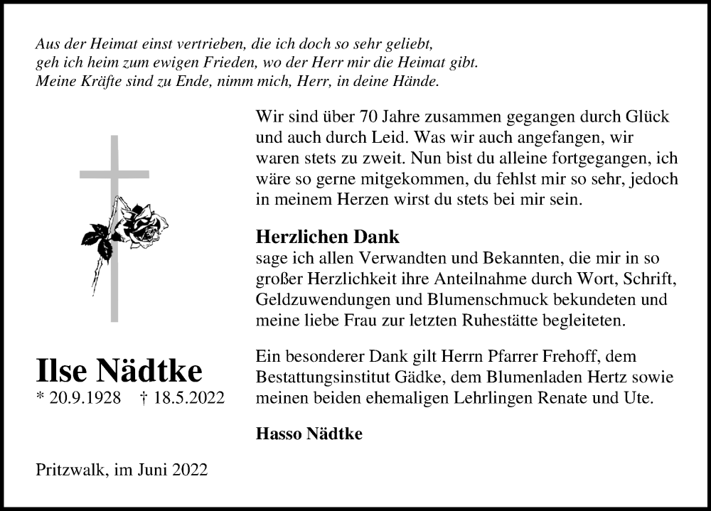  Traueranzeige für Ilse Nädtke vom 18.06.2022 aus Märkischen Allgemeine Zeitung