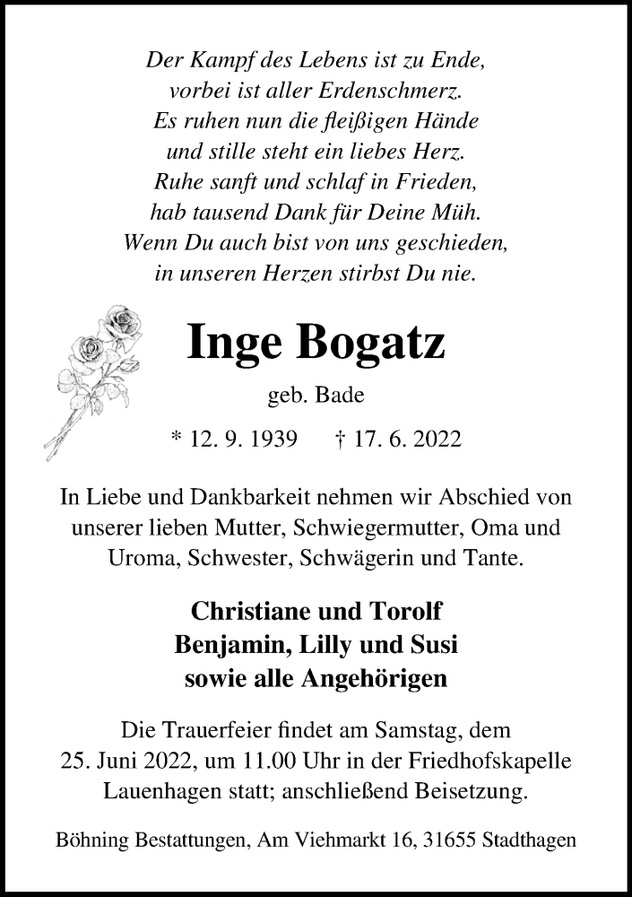  Traueranzeige für Inge Bogatz vom 22.06.2022 aus Schaumburger Nachrichten