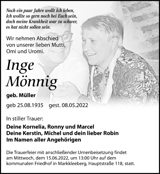 Traueranzeige von Inge Mönnig von Leipziger Volkszeitung