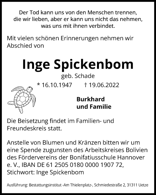 Traueranzeige von Inge Spickenbom von Hannoversche Allgemeine Zeitung/Neue Presse