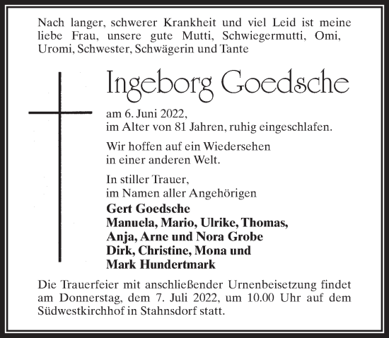 Traueranzeige von Ingeborg Goedsche von Märkischen Allgemeine Zeitung