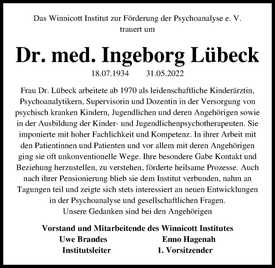 Traueranzeige von Ingeborg Lübeck von Hannoversche Allgemeine Zeitung/Neue Presse