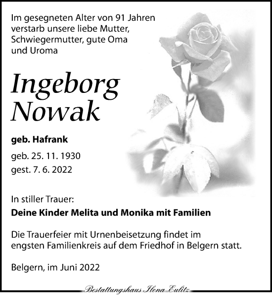 Traueranzeige von Ingeborg Nowak von Torgauer Zeitung