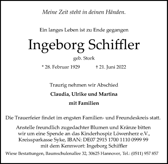 Traueranzeige von Ingeborg Schiffler von Hannoversche Allgemeine Zeitung/Neue Presse
