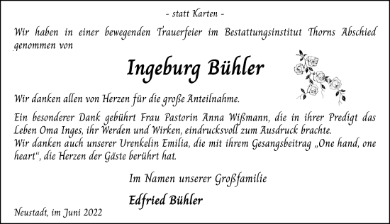 Traueranzeige von Ingeburg Bühler von Hannoversche Allgemeine Zeitung/Neue Presse