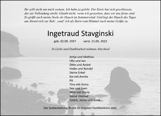 Traueranzeige von Ingetraud Stavginski von Ostsee-Zeitung GmbH