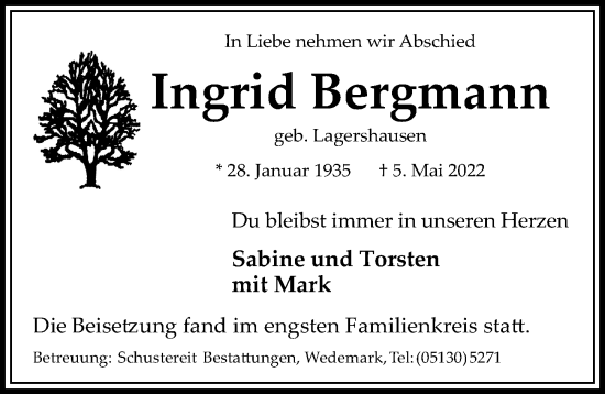 Traueranzeige von Ingrid Bergmann von Hannoversche Allgemeine Zeitung/Neue Presse