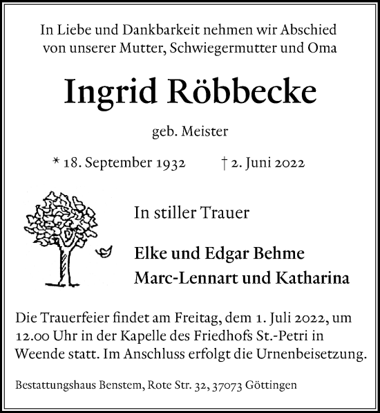 Traueranzeige von Ingrid Röbbecke von Göttinger Tageblatt
